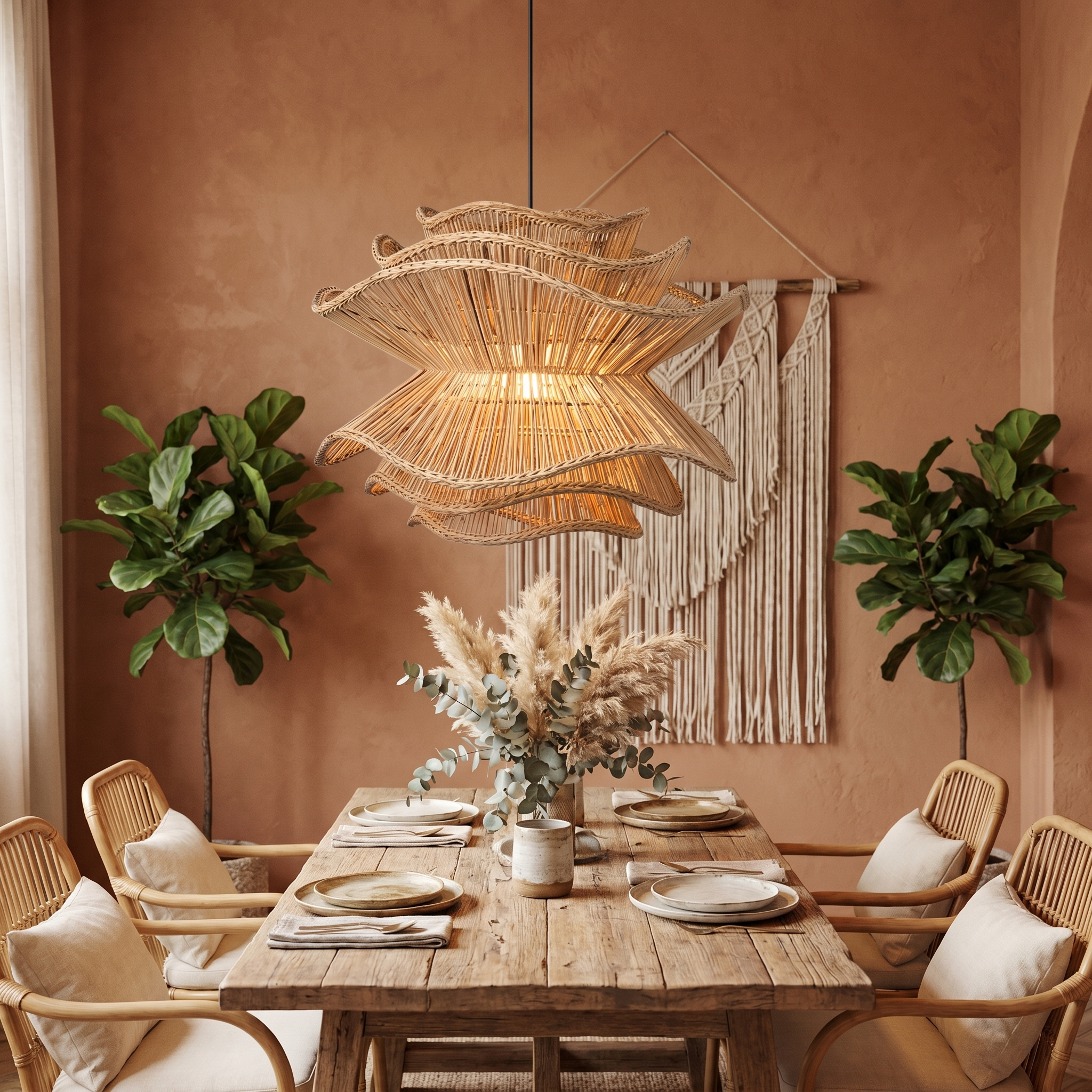 Handcrafted Wabi-Sabi Rattan Chandelier Natural Boho Lighting for Living Room, Dining Room & Bedroom