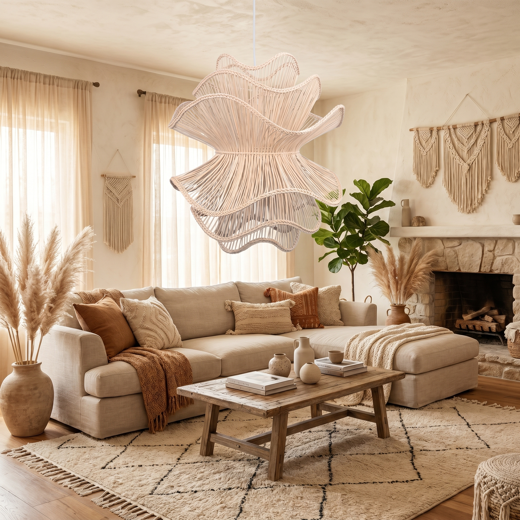 Handcrafted Wabi-Sabi Rattan Chandelier Natural Boho Lighting for Living Room, Dining Room & Bedroom