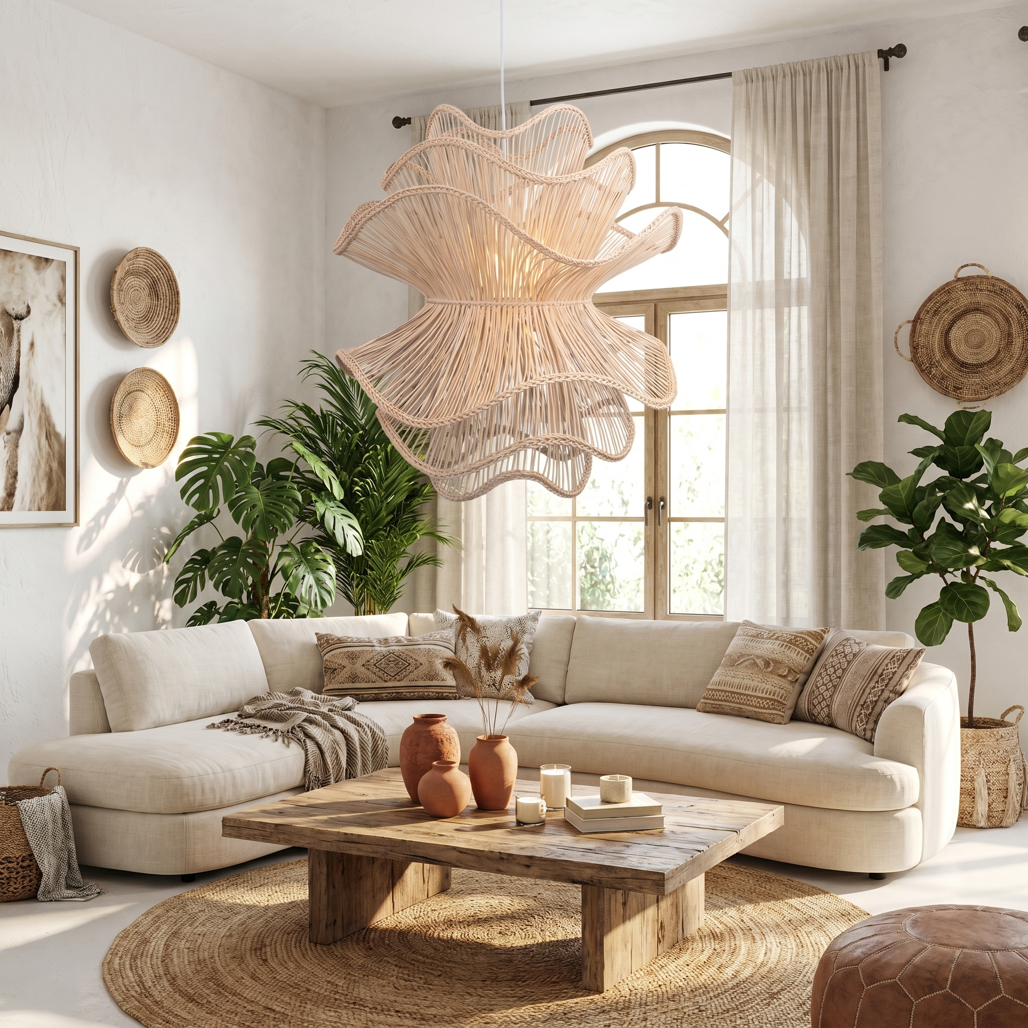 Handcrafted Wabi-Sabi Rattan Chandelier Natural Boho Lighting for Living Room, Dining Room & Bedroom