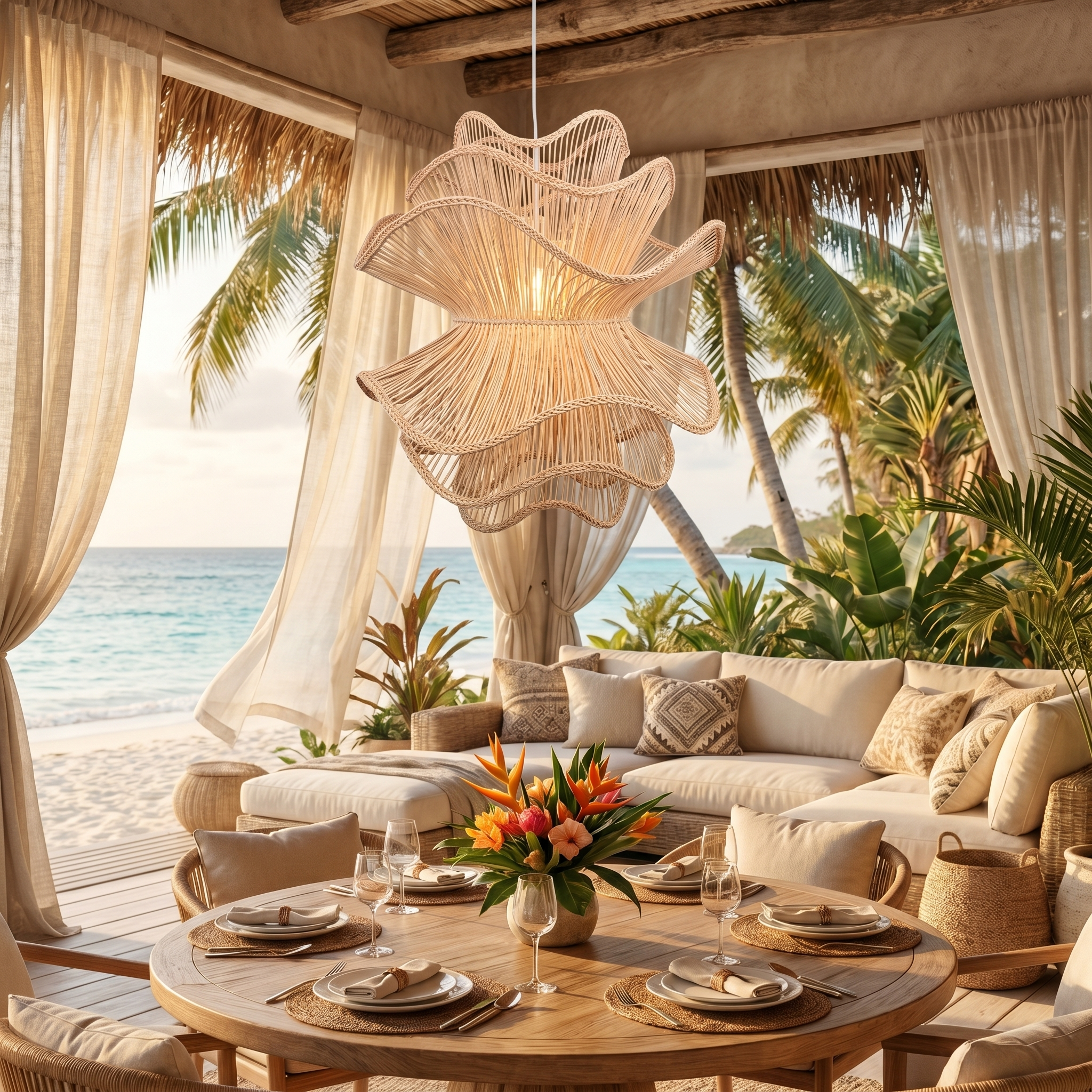 Handcrafted Wabi-Sabi Rattan Chandelier Natural Boho Lighting for Living Room, Dining Room & Bedroom