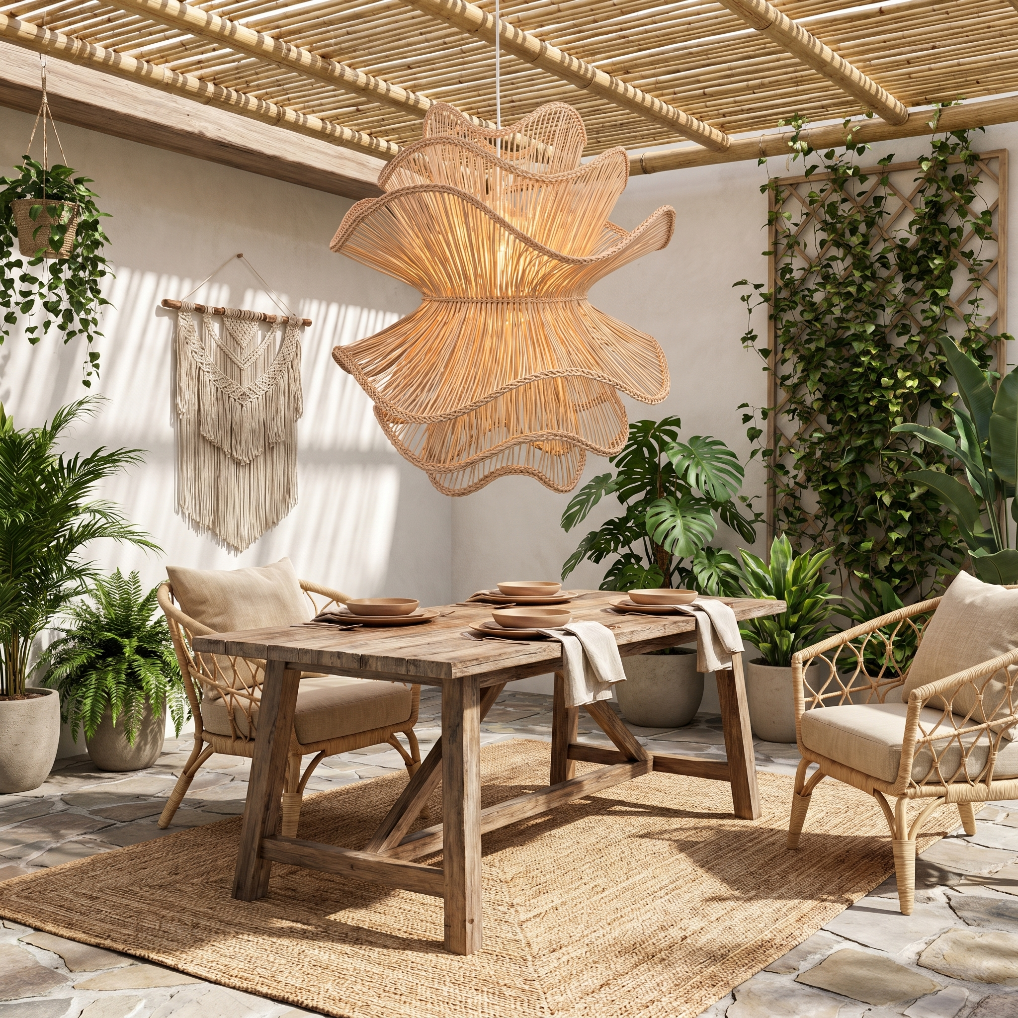 Handcrafted Wabi-Sabi Rattan Chandelier Natural Boho Lighting for Living Room, Dining Room & Bedroom