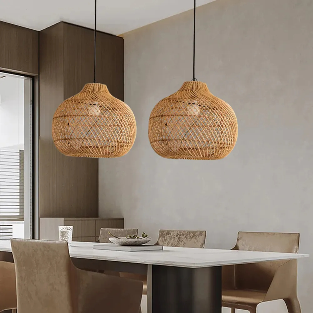 Light Brown Japanese Style Hand-wove Rattan Chandelier Lantern Shape Dining Room Pendant Light