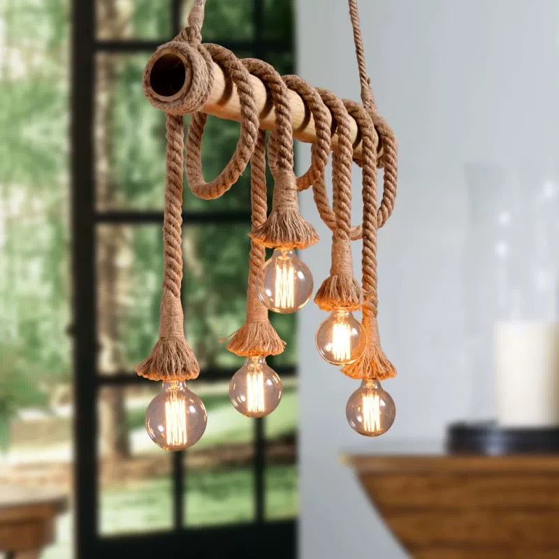 Industrial Vintage Island Pendant Light with Rope Wood Decoration