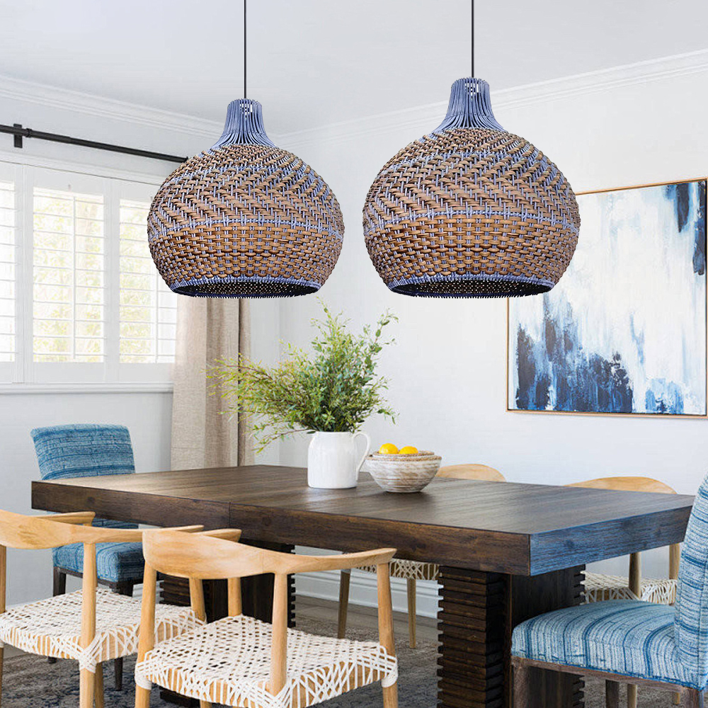 American Country Style Chandelier Blue and Brown Rattan Kitchen Island Pendant Light