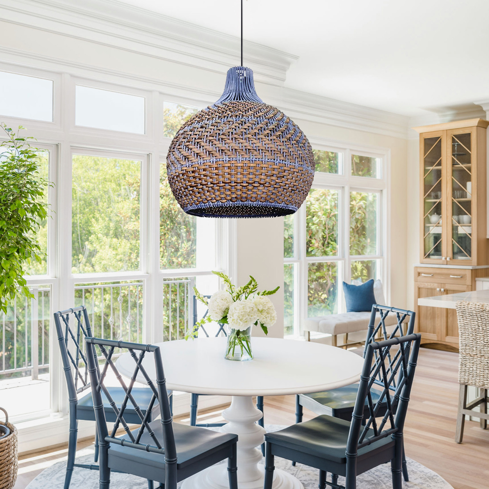 American Country Style Chandelier Blue and Brown Rattan Kitchen Island Pendant Light