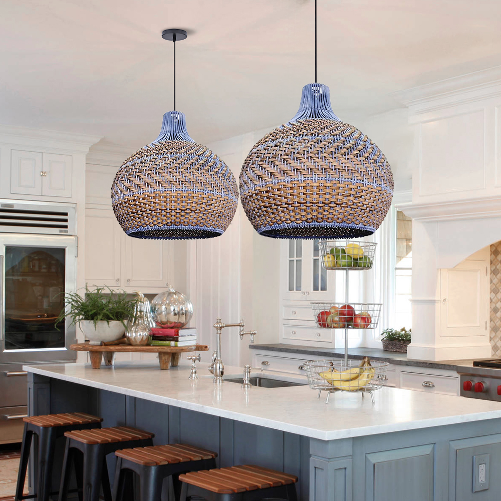 American Country Style Chandelier Blue and Brown Rattan Kitchen Island Pendant Light