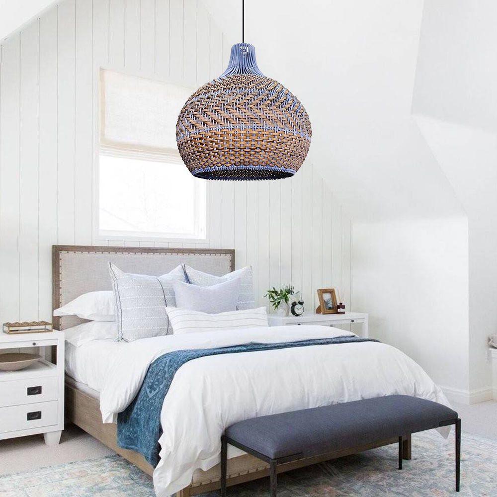 American Country Style Chandelier Blue and Brown Rattan Kitchen Island Pendant Light