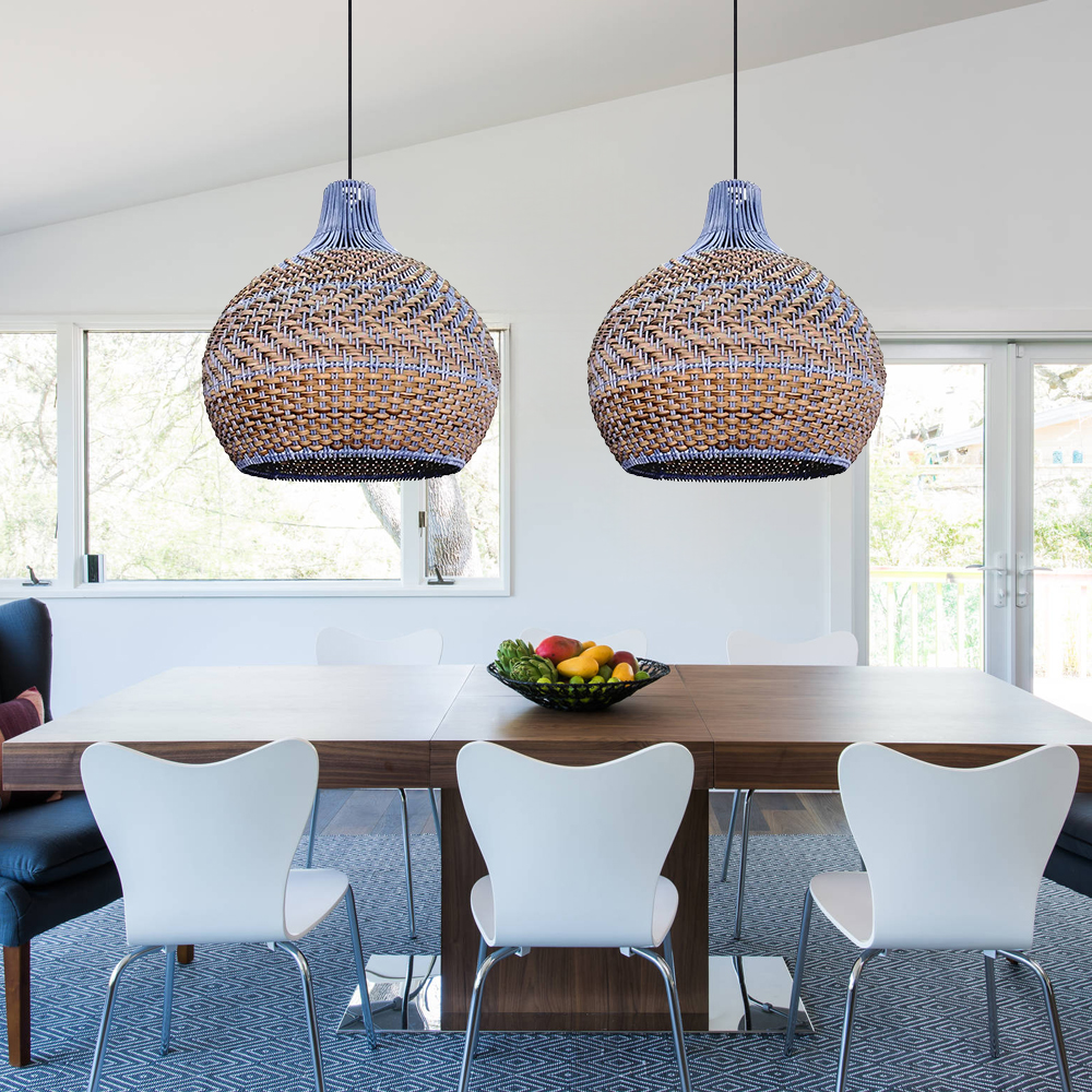 American Country Style Chandelier Blue and Brown Rattan Kitchen Island Pendant Light