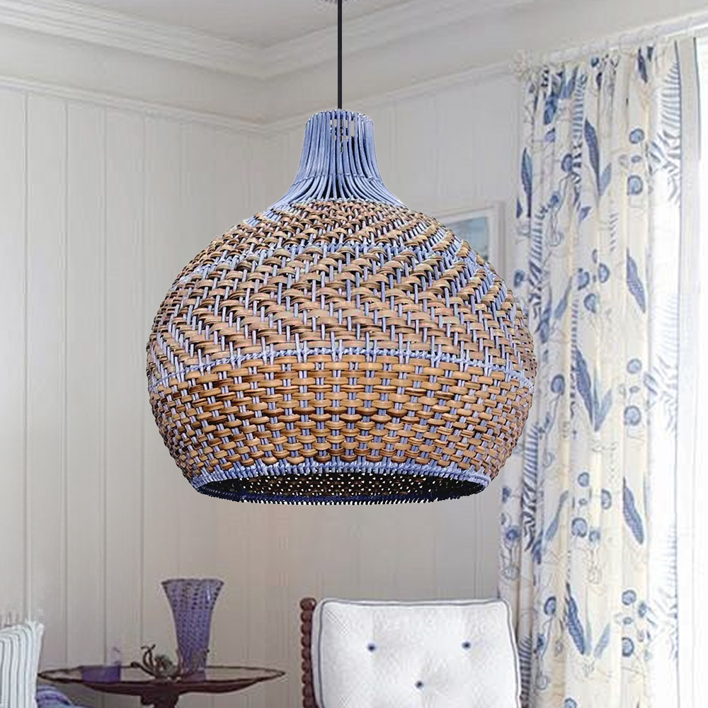 American Country Style Chandelier Blue and Brown Rattan Kitchen Island Pendant Light