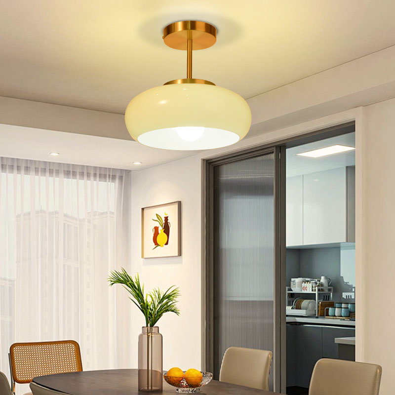 French Retro Hallway Brass Ceiling Light Medieval Restaurant Flush Mount Glass Lamp