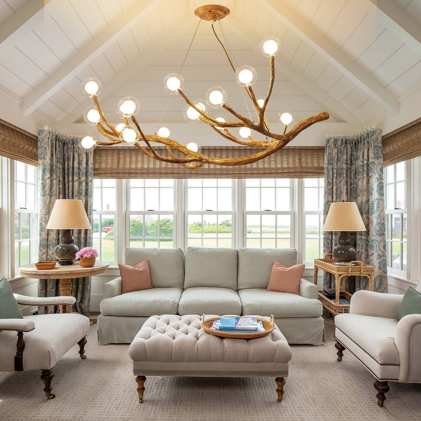 Nordic Rustic Tree Branch Hanging Chandelier with Bubble Glass lighting