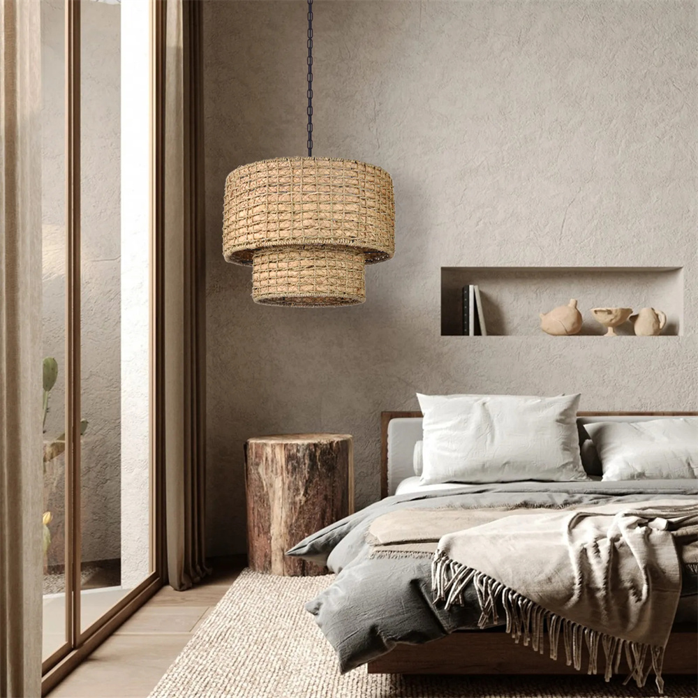 Japanese Style Light Brown Rattan Double-tier Pendant Light For Dining Room