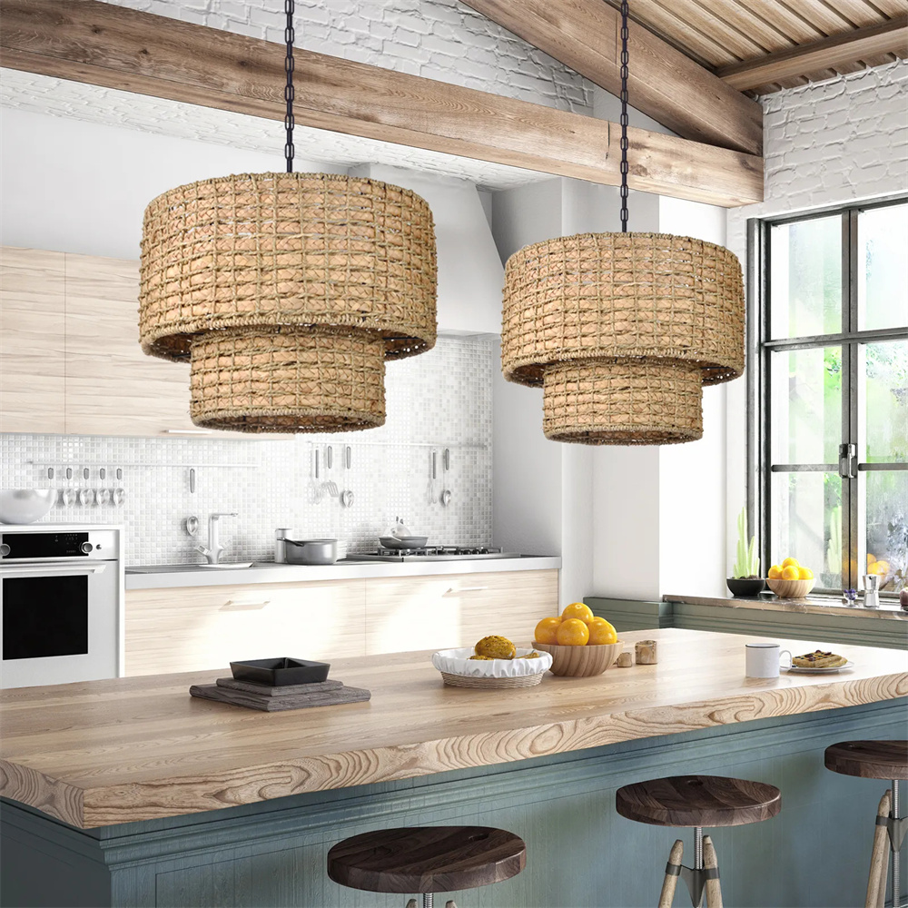 Japanese Style Light Brown Rattan Double-tier Pendant Light For Dining Room