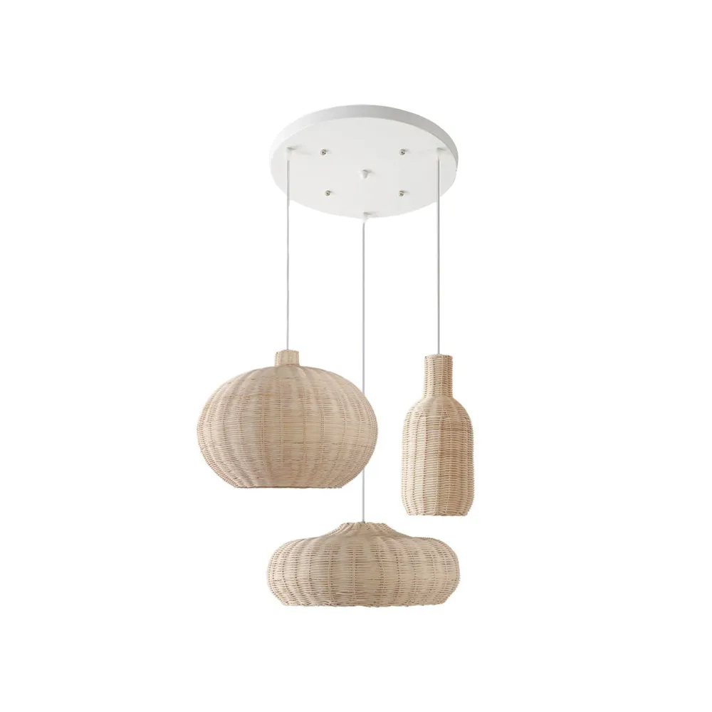 3-Head Chandelier Japanese Rattan Multi-combination Dining Room Pendant ...