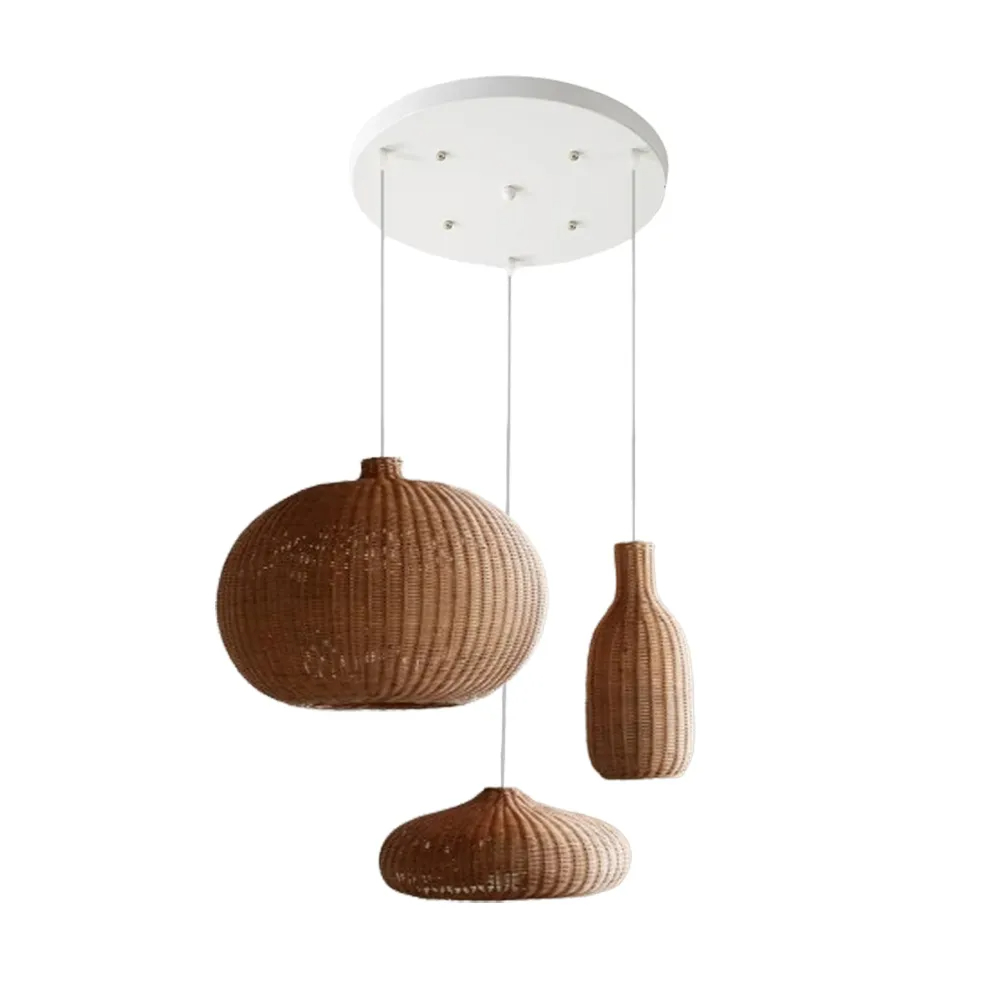 3-Head Chandelier Japanese Rattan Multi-combination Dining Room Pendant Light