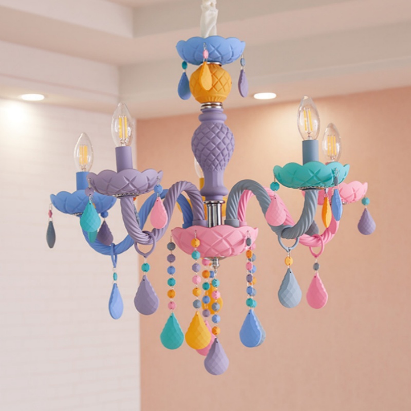 Macaron Crystal Chandelier European Candle Pendant Light Cartoon Princess Room