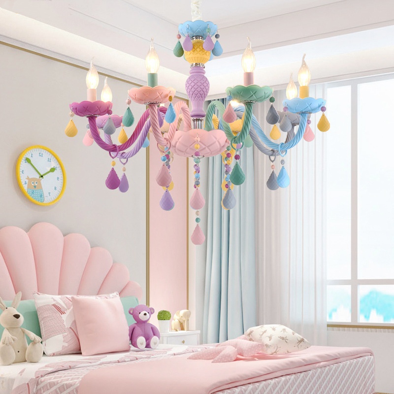 Macaron Crystal Chandelier European Candle Pendant Light Cartoon Princess Room