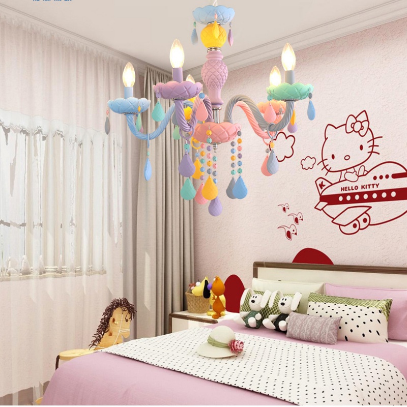 Macaron Crystal Chandelier European Candle Pendant Light Cartoon Princess Room