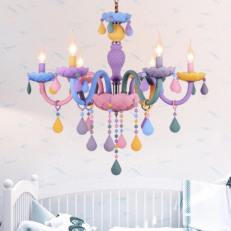 Macaron Crystal Chandelier European Candle Pendant Light Cartoon Princess Room