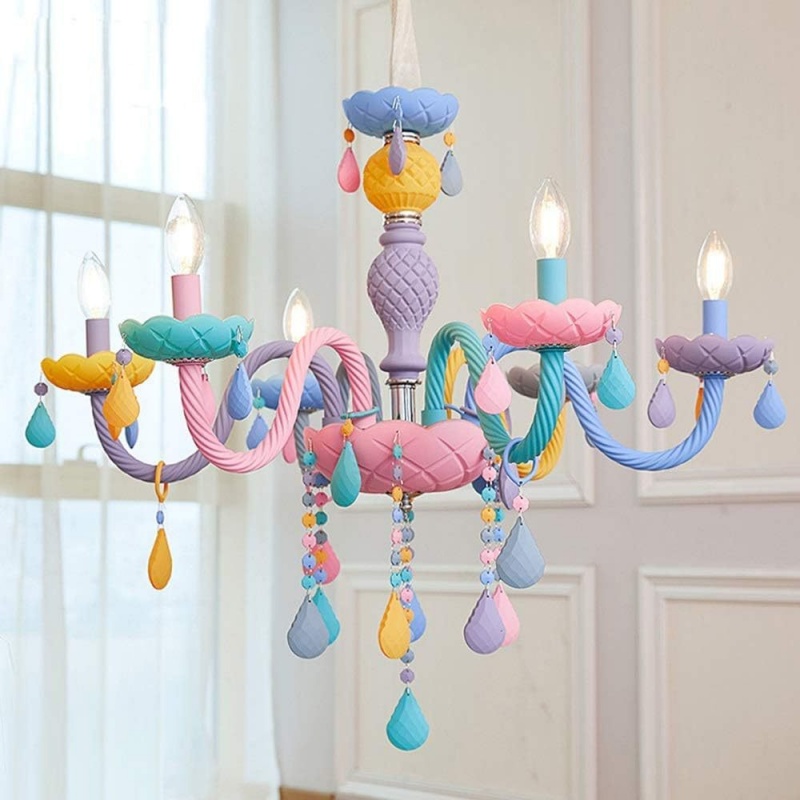 Macaron Crystal Chandelier European Candle Pendant Light Cartoon Princess Room