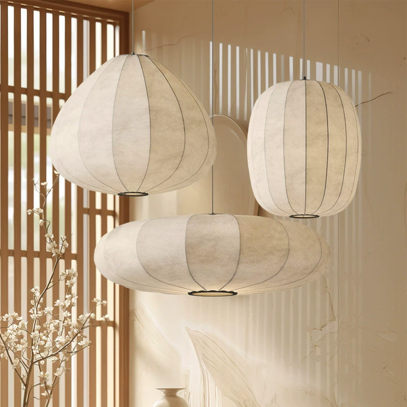 Wabi-Sabi Silk Pendant Light Set Lantern Chandelier for Restaurant & Tea Room