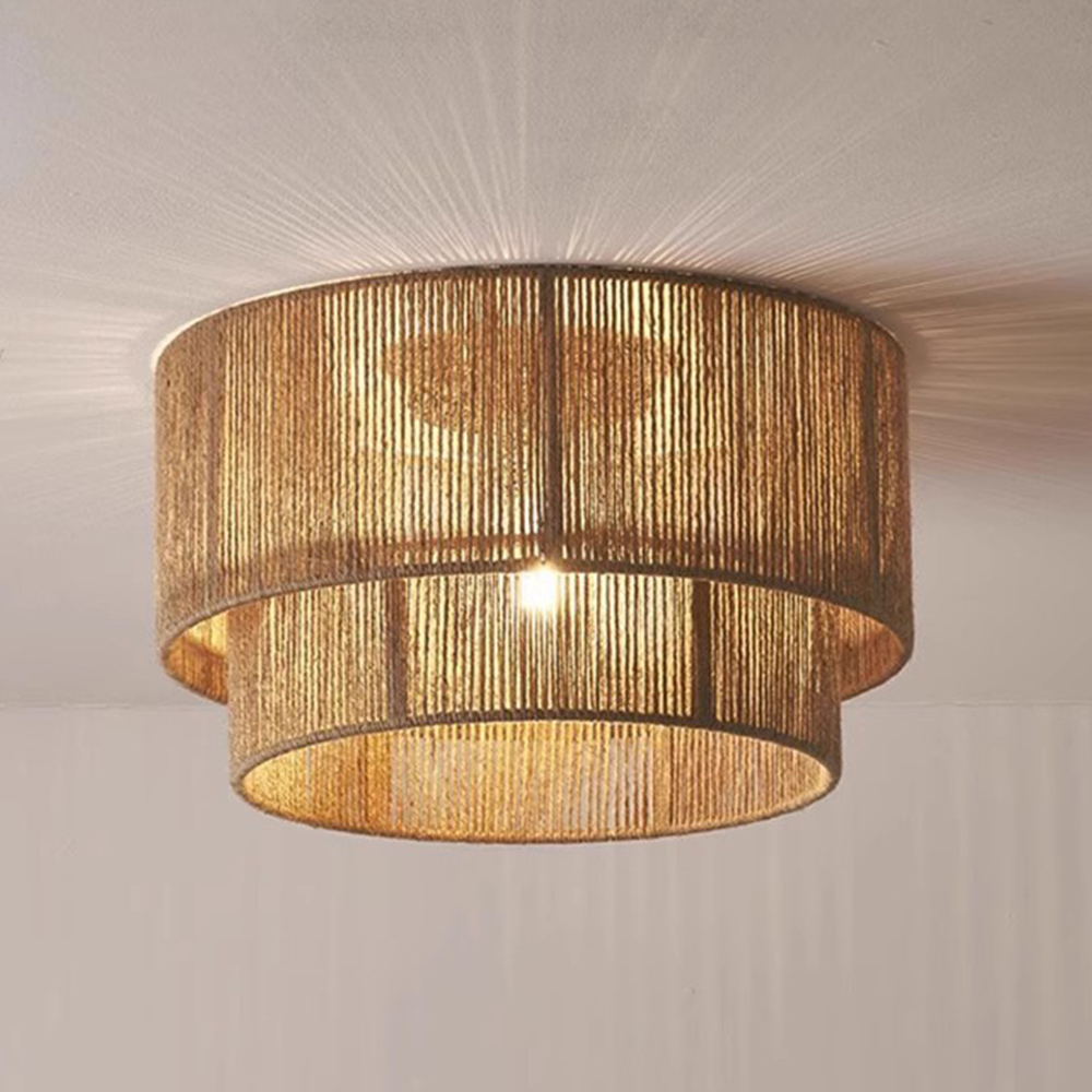 Wabi-sabi Style Living Room Bedroom Lamp Double Layer Hemp Rope Ceiling Light