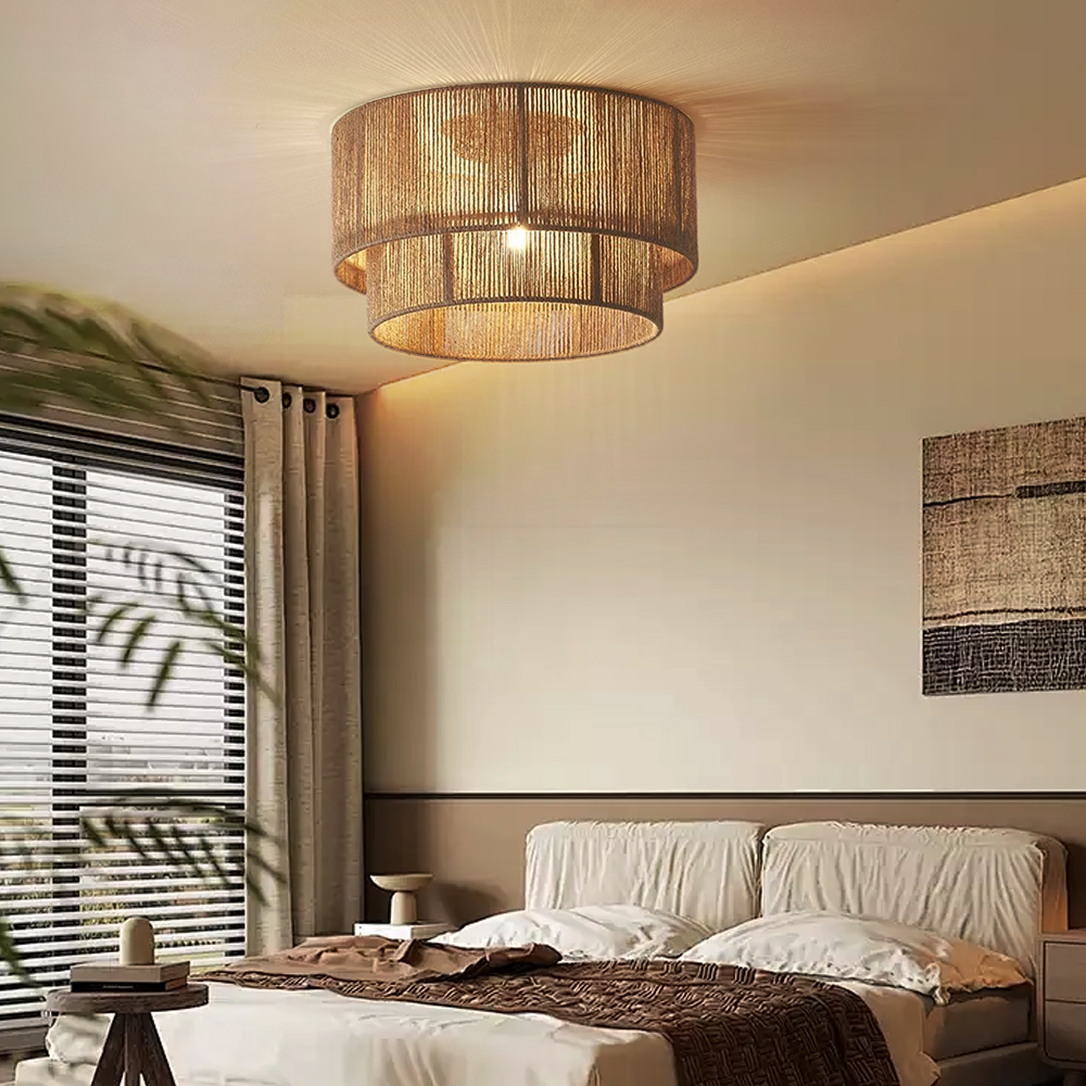 Wabi-sabi Style Living Room Bedroom Lamp Double Layer Hemp Rope Ceiling Light