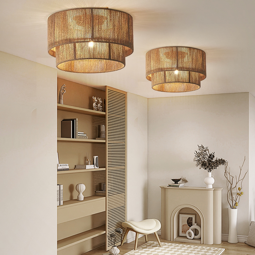 Wabi-sabi Style Living Room Bedroom Lamp Double Layer Hemp Rope Ceiling Light
