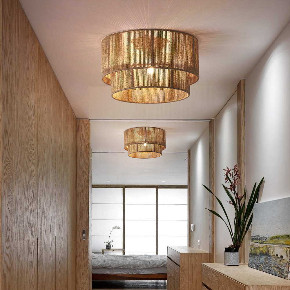 Wabi-sabi Style Living Room Bedroom Lamp Double Layer Hemp Rope Ceiling Light