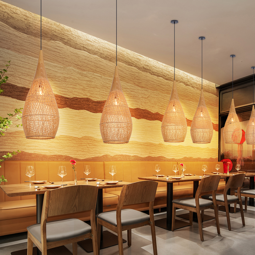 Farmhouse Wabi-sabi Kitchen Rattan Pendant Lights Set Restaurant Woven Wooden Lamp