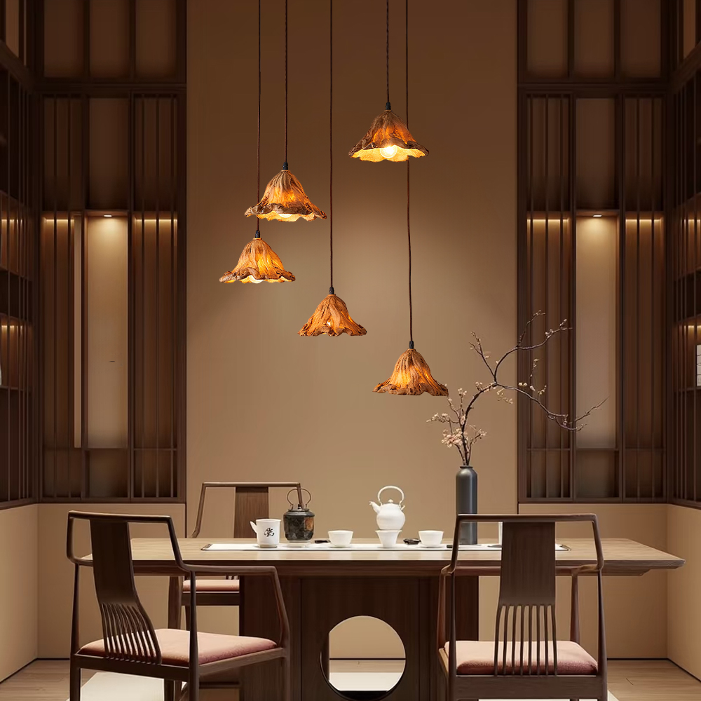 Vintage Lotus Leaf Shaped Resin Wood Color Pendant Light Dining Room Bedroom Chandelier