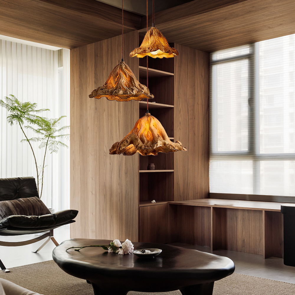 Vintage Lotus Leaf Shaped Resin Wood Color Pendant Light Dining Room Bedroom Chandelier