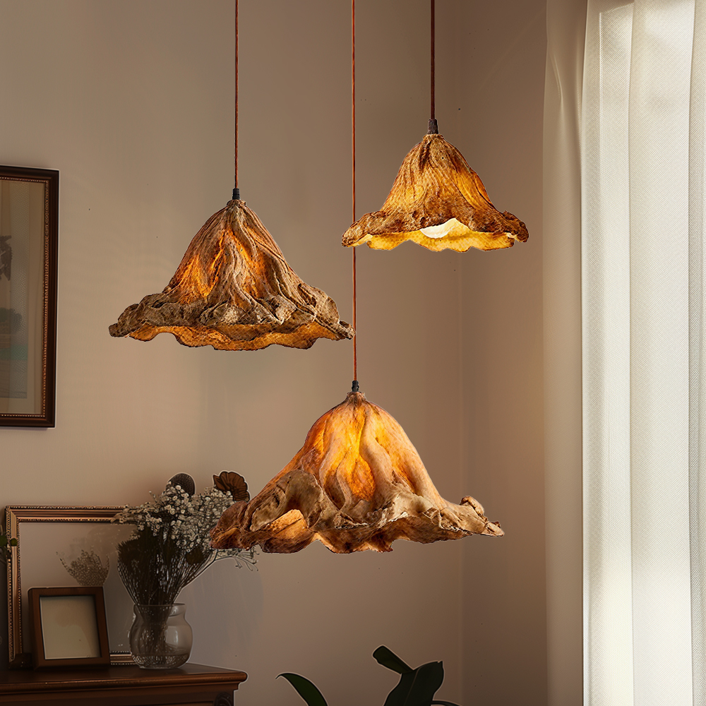 Vintage Lotus Leaf Shaped Resin Wood Color Pendant Light Dining Room Bedroom Chandelier
