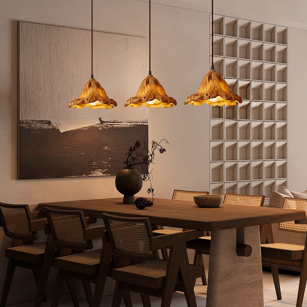 Vintage Lotus Leaf Shaped Resin Wood Color Pendant Light Dining Room Bedroom Chandelier