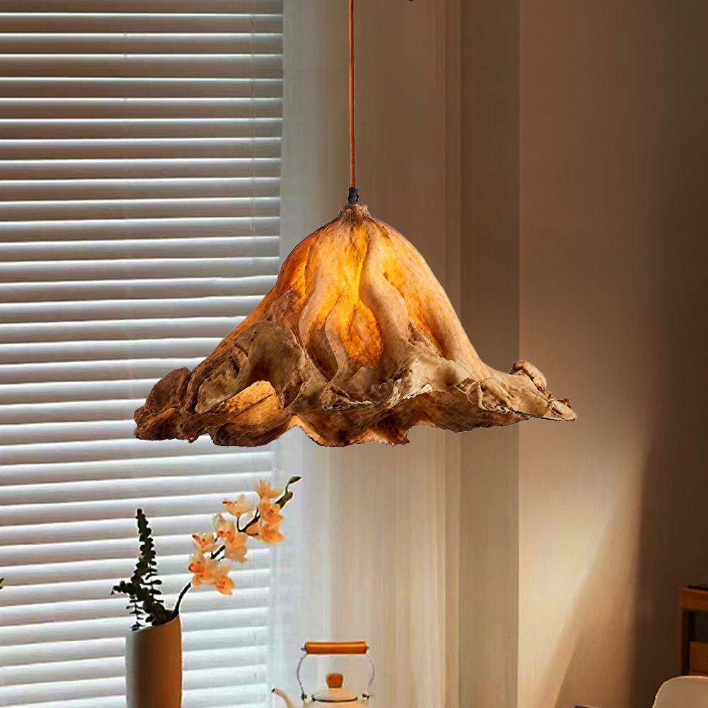 Vintage Lotus Leaf Shaped Resin Wood Color Pendant Light Dining Room Bedroom Chandelier
