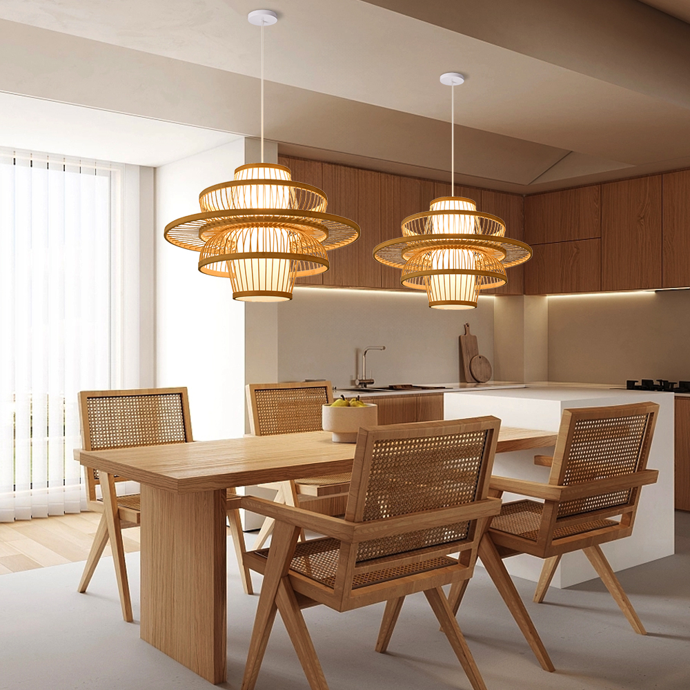 Japanese Bamboo Multi-layer Ring Pendant Light Living Room Dining Table Lampshade