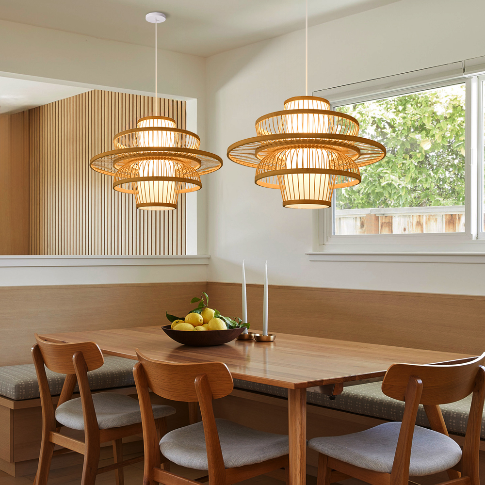 Japanese Bamboo Multi-layer Ring Pendant Light Living Room Dining Table Lampshade