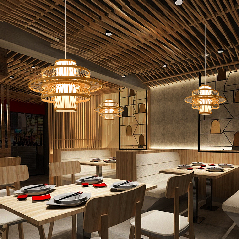 Japanese Bamboo Multi-layer Ring Pendant Light Living Room Dining Table Lampshade