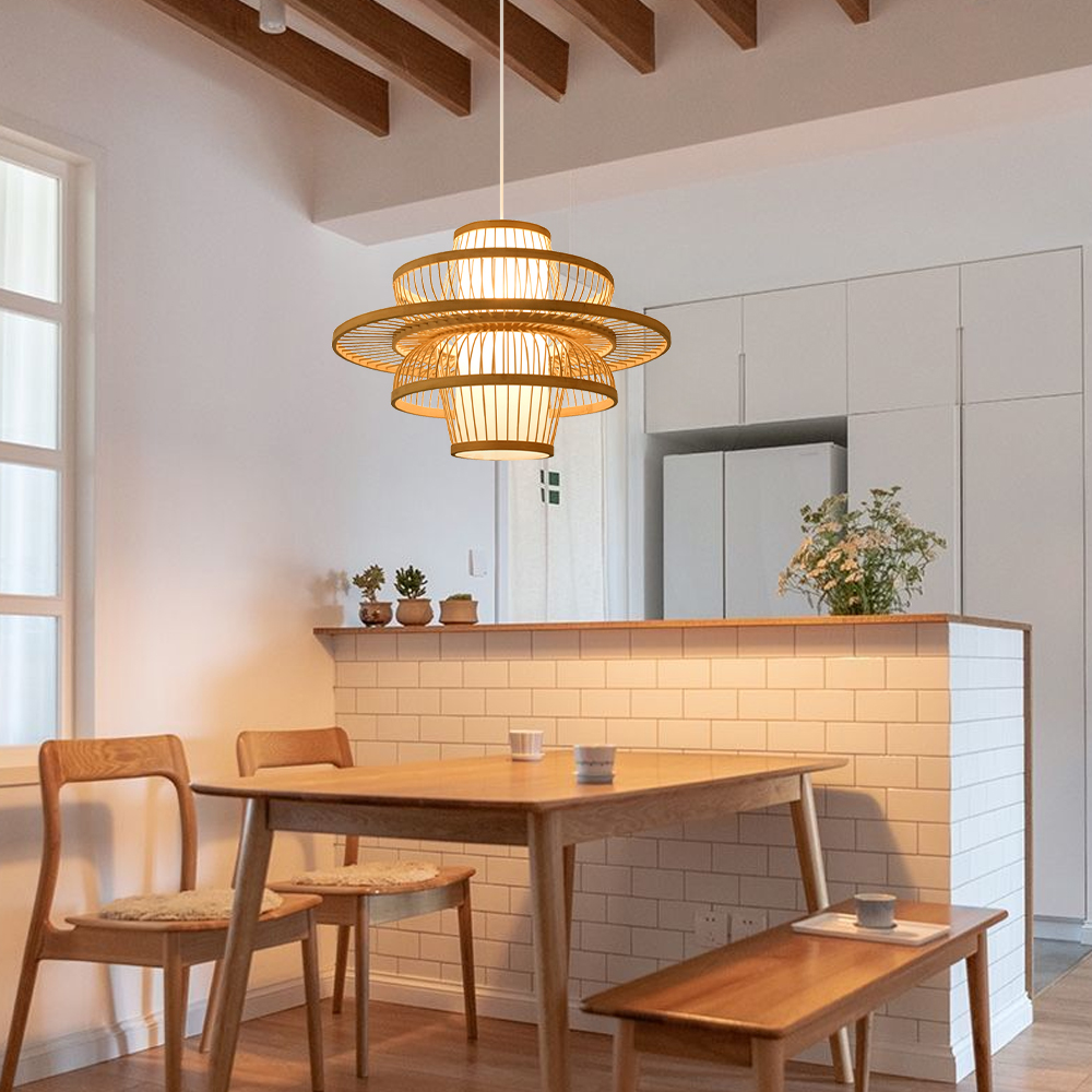 Japanese Bamboo Multi-layer Ring Pendant Light Living Room Dining Table Lampshade