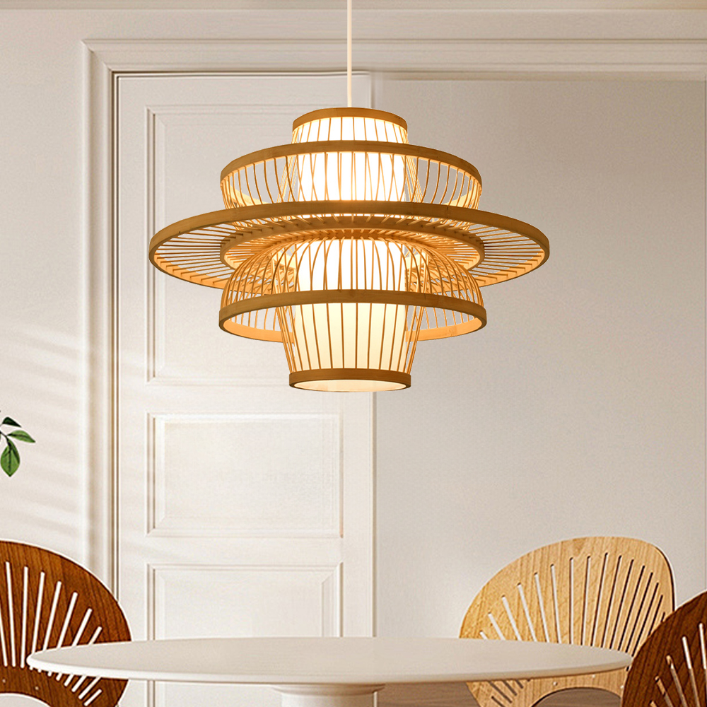 Japanese Bamboo Multi-layer Ring Pendant Light Living Room Dining Table Lampshade