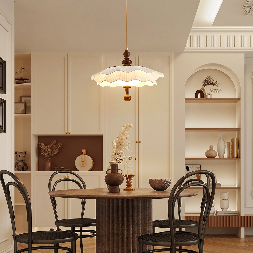 French Mid-Century Fabric Pleated Shade 3-Color Lighting Dining Room Pendant Light
