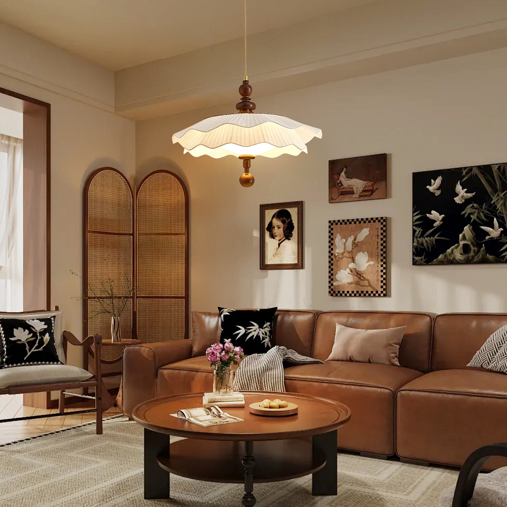 French Mid-Century Fabric Pleated Shade 3-Color Lighting Dining Room Pendant Light