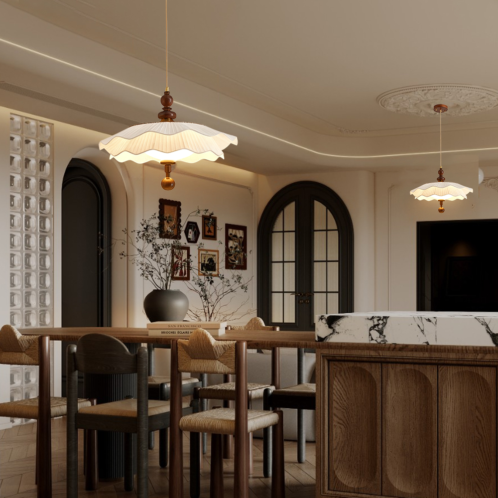 French Mid-Century Fabric Pleated Shade 3-Color Lighting Dining Room Pendant Light