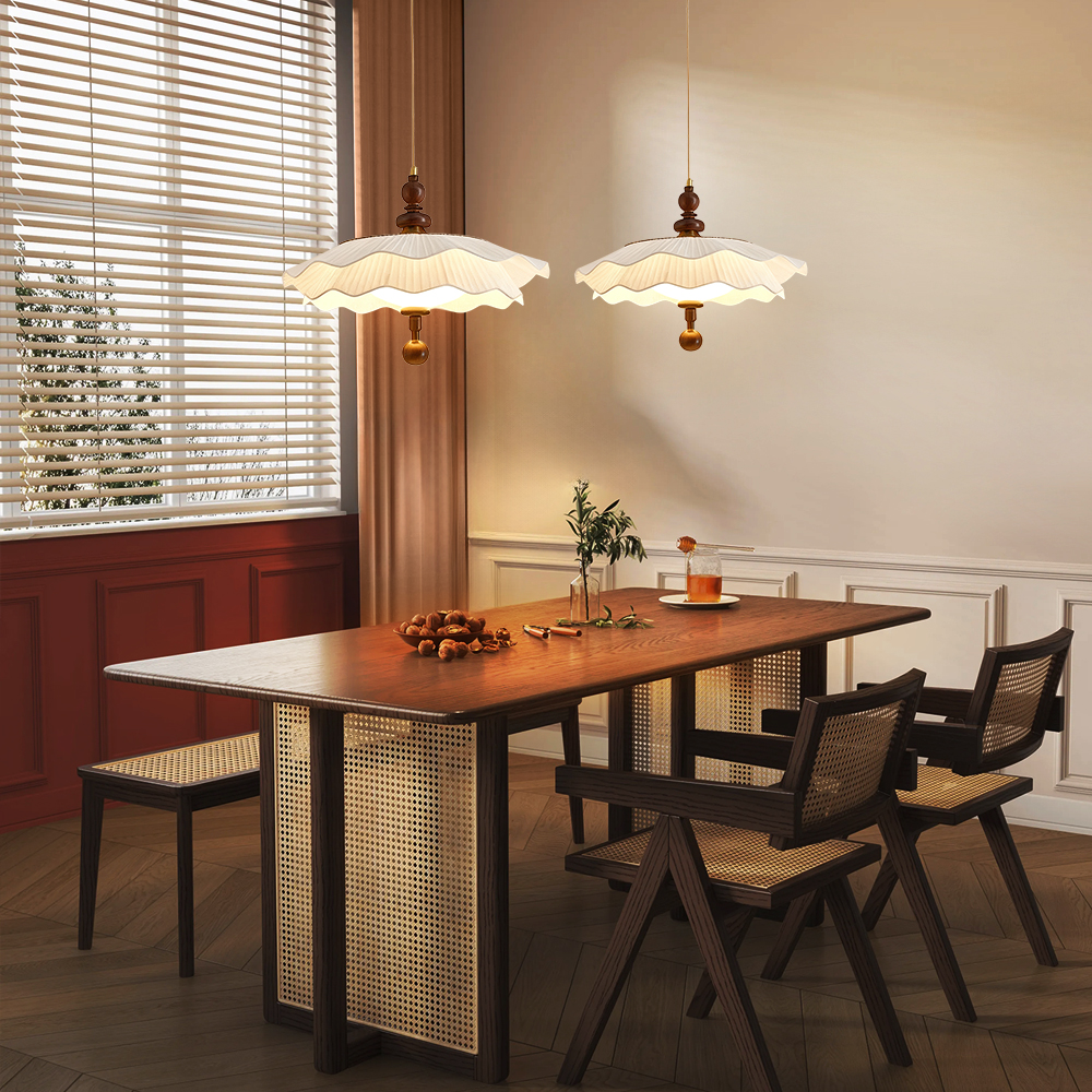 French Mid-Century Fabric Pleated Shade 3-Color Lighting Dining Room Pendant Light