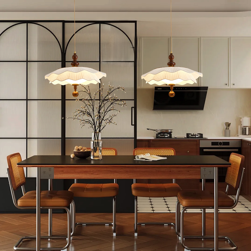 French Mid-Century Fabric Pleated Shade 3-Color Lighting Dining Room Pendant Light