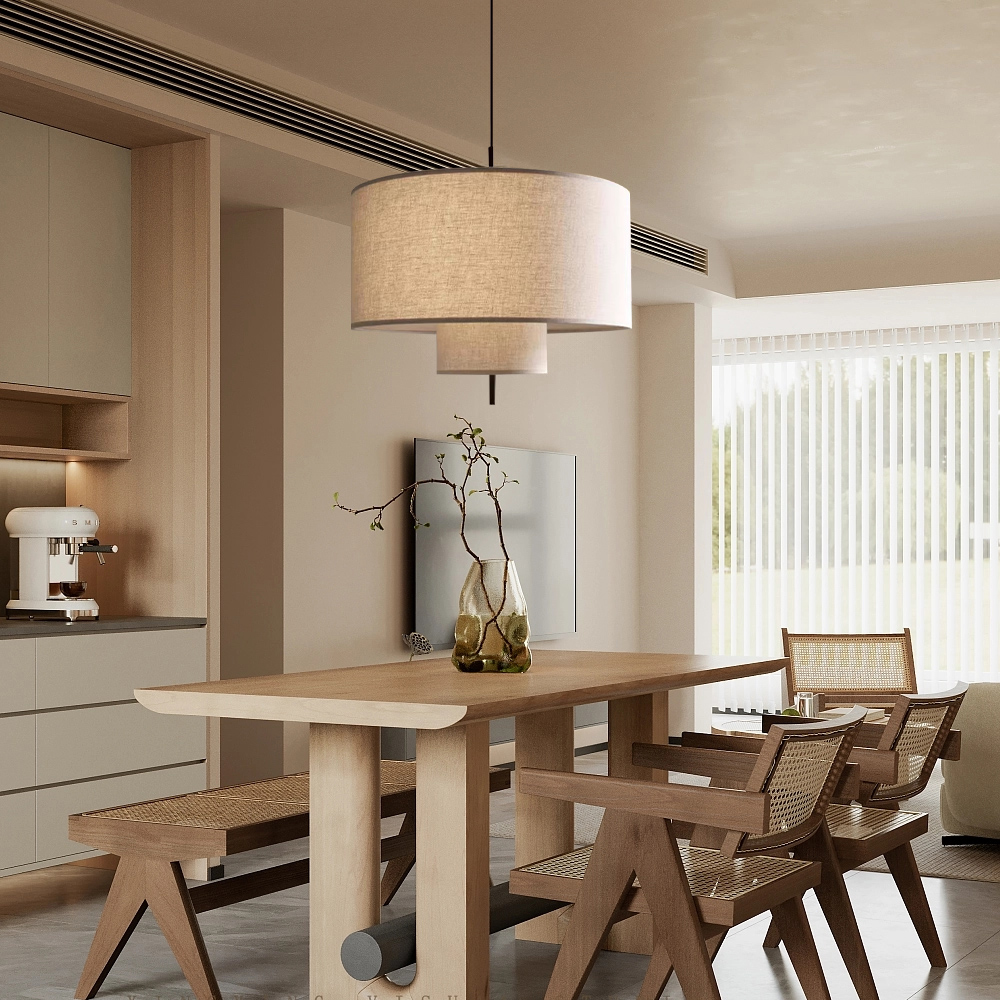 Japanese Style Double Layer Fabric Pendant Light Living Room Fixtures