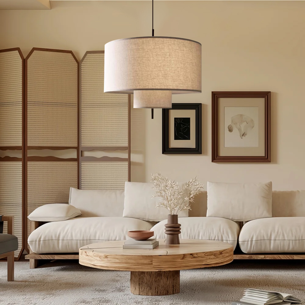 Japanese Style Double Layer Fabric Pendant Light Living Room Fixtures