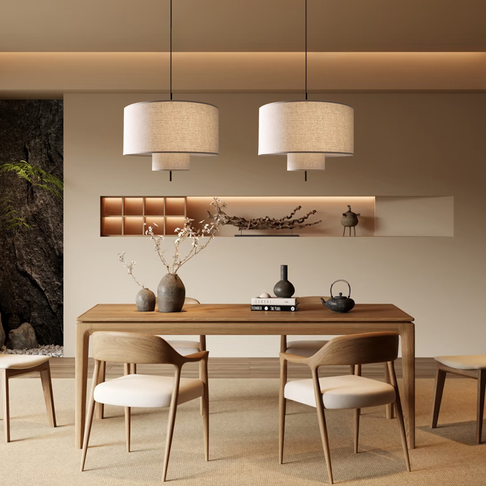 Japanese Style Double Layer Fabric Pendant Light Living Room Fixtures