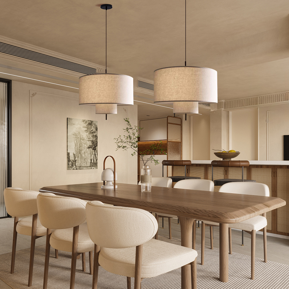 Japanese Style Double Layer Fabric Pendant Light Living Room Fixtures