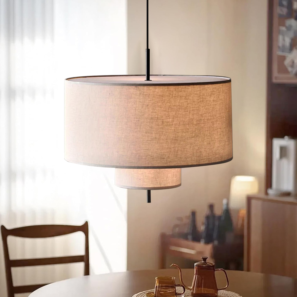 Japanese Style Double Layer Fabric Pendant Light Living Room Fixtures